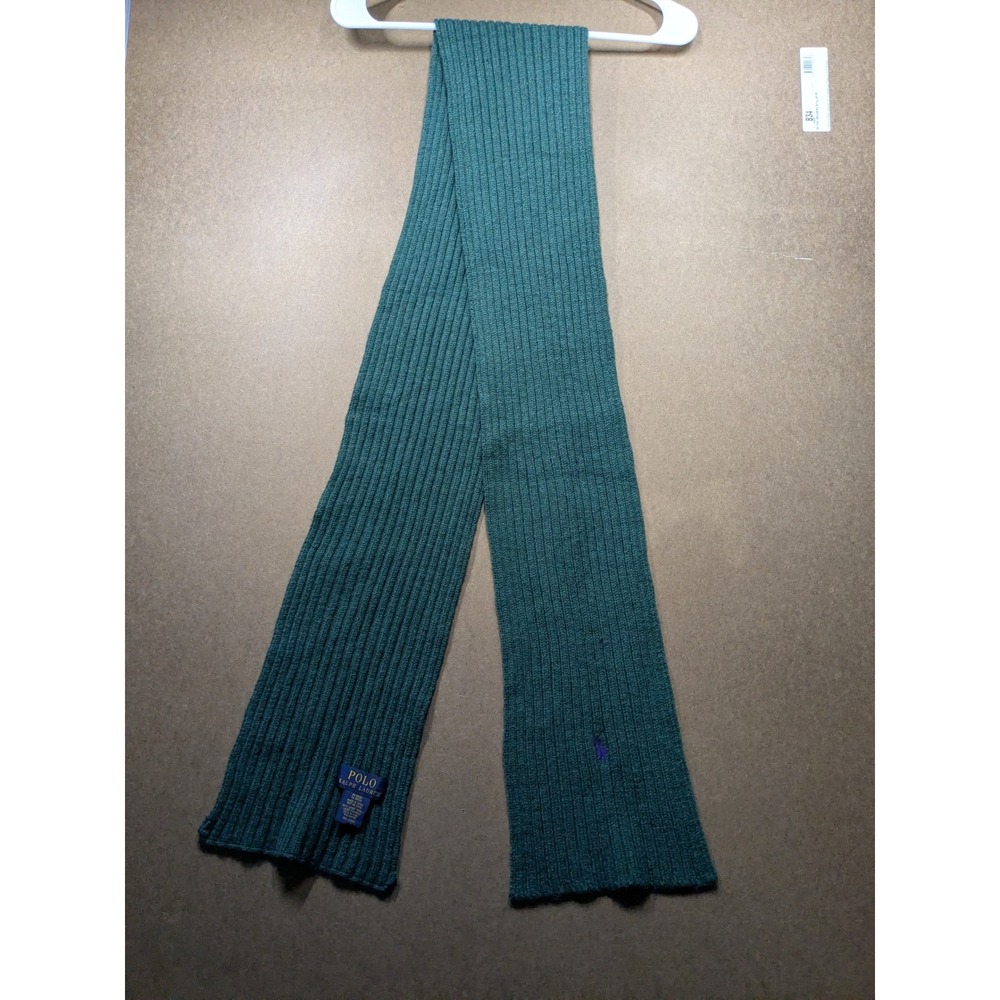 Polo Ralph Lauren Green Ribbed Lambswool Scarf Purple Pony Logo Mens Womens